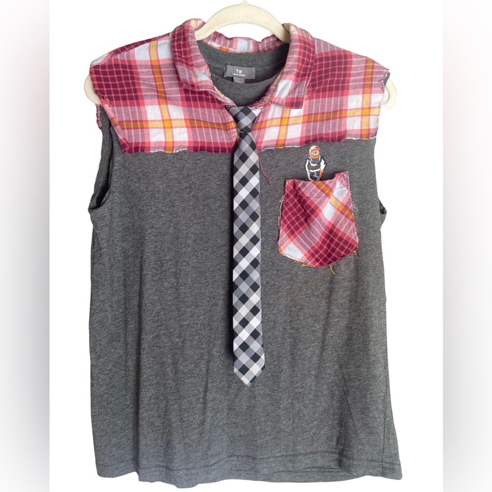 Dandy Astro-Bear Upcycled Plaid Muscle Tee distressed redesign